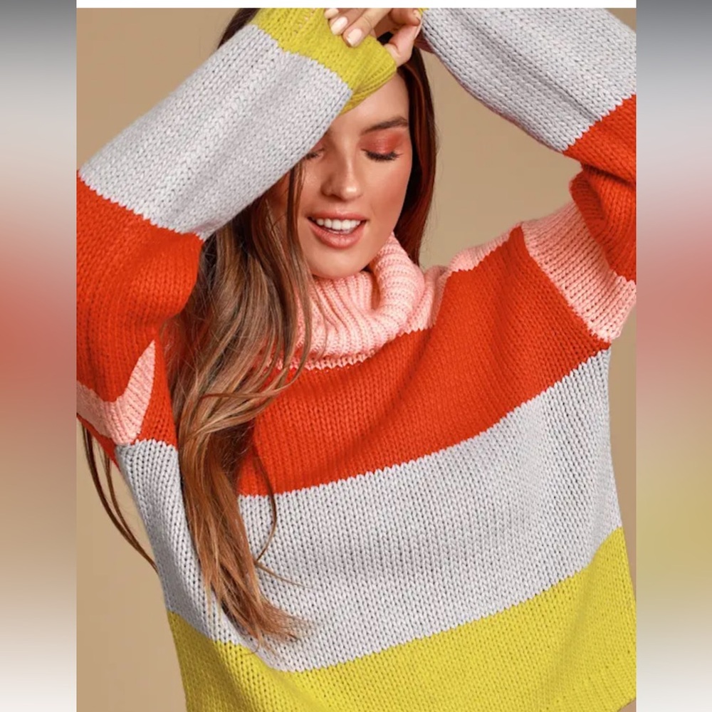 Lulus‎ Color Me Cozy Pink Multi Color Block Turtleneck Sweater